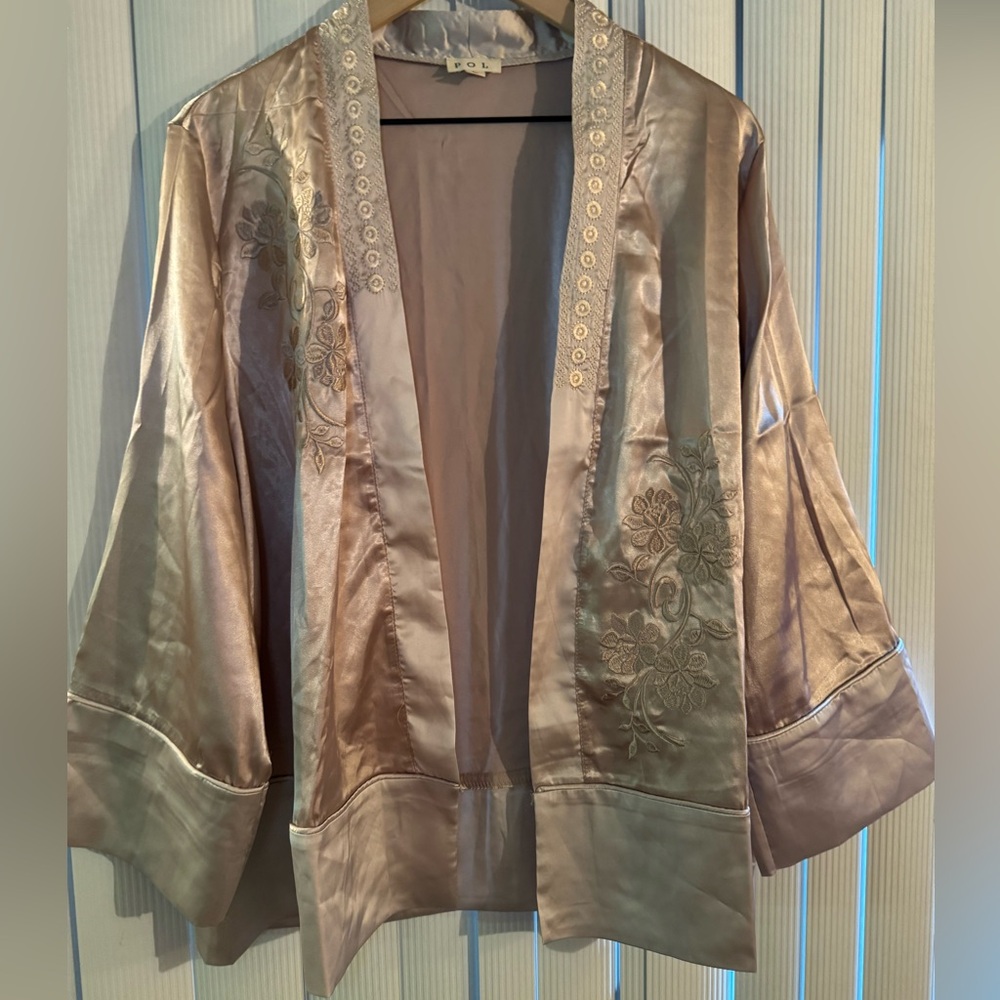 POL Satin Kimono in Soft Cream Satin with beautiful embroidery